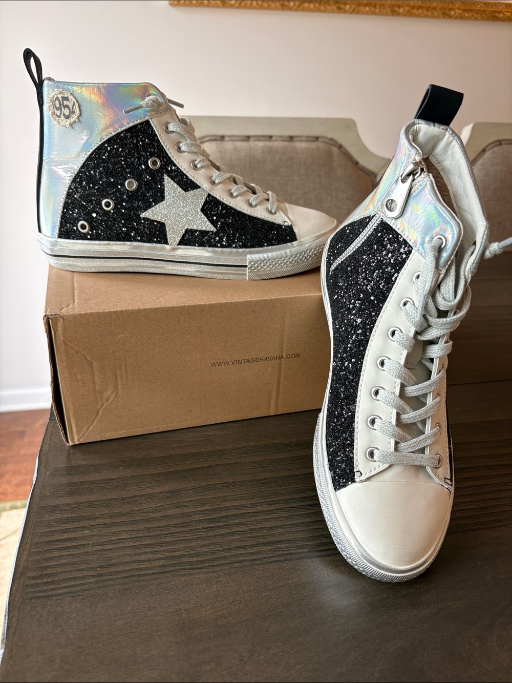 Vintage Havana Black Glitter Star High-Top Sneakers with Iridescent Panels